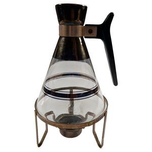 Vintage MCM Glass Coffee Carafe Warming Stand Black Handle